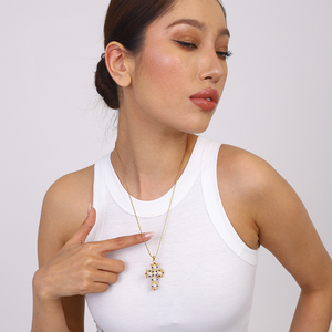 J & D 50 + 5cm dengan batu warna-warni dan desain yang kompleks mutiara 18K baja tahan karat emas mode perhiasan salib liontin kalung - Product Image 3