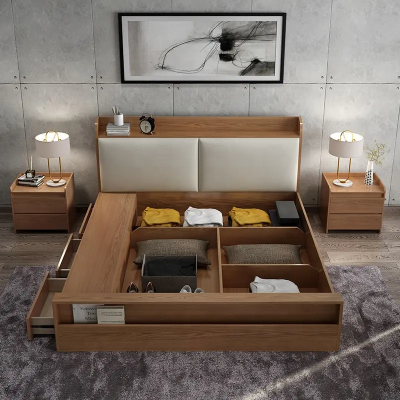 Moderne hoch gepolsterte Betten Schlafzimmer Set King Queen-Size-Holzbett mit Schubladen