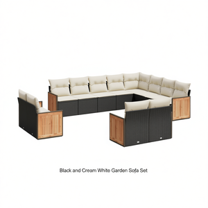 Conjunto de Sofás de Jardín de Ratán Moderno, Color Negro Crema, Muebles de Exterior para 10 Personas, Resistentes a la Intemperie, Panel de Teca, Diseño Contemporáneo - Product Image 1