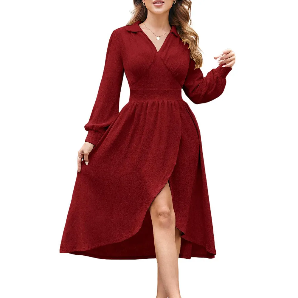 Wholesale Ladies Dresses V-neck Midi Length Long Sleeve Red Dress for Women