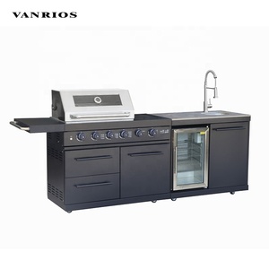 Cuisine mobile d'extérieur avec <span class=keywords><strong>plancha</strong></span> en acier, équipement de bar barbecue, îlot de cuisson portable au gaz avec évier et réfrigérateur pour jardin - Product Image 3
