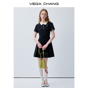 VEGA CHANG <strong>Black</strong> Contrast White Collar Mini <strong>Dress</strong> for Women Short Sleeve <strong>Button</strong> Detail Slim Fit a Line Casual <strong>Dress</strong> - Product Image 2