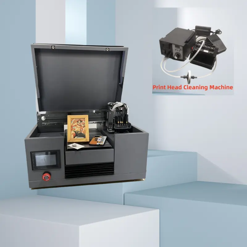 छोटे प्रारूप XP600 YMCKWW 6 रंग चार अक्ष A4 बहुरंगा यूवी स्टिकर प्रिंटिंग प्रिंटर मशीन प्रिंट हेड सफाई मशीन के साथ