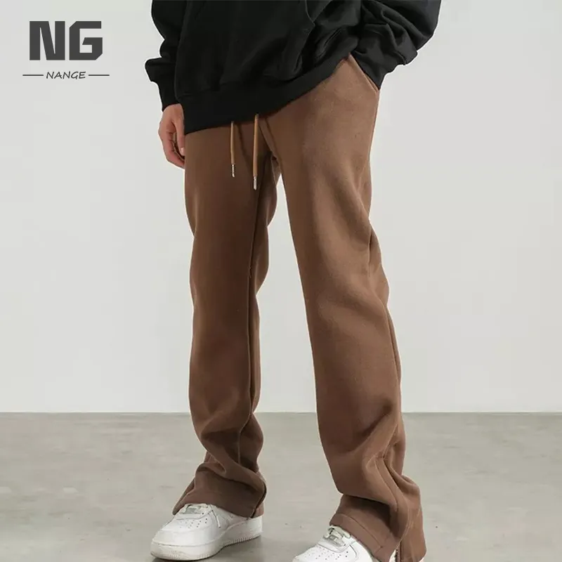 OEM Custom Logo Design Mens Sweat Pants Thick Cotton Straight Loose Wide Leg Casual Flared Slit Sweatpants For Men
