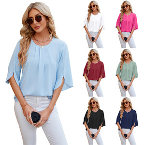Camicette da <span class=keywords><strong>donna</strong></span> camicetta estiva in Chiffon tinta unita alla moda top a maniche a farfalla Casual con scollo a o Base da <span class=keywords><strong>donna</strong></span> camicette <span class=keywords><strong>oversize</strong></span> - Product Image 1