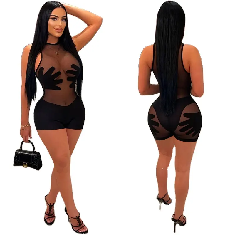 Wholesale women's sexy sleeveless jumpsuit, see through hand print pants romper for clubwear