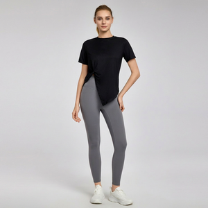 Camiseta de yoga para mujer con nudo lateral suelto, dobladillo irregular, manga corta, cuello redondo, top transpirable para gimnasio, entrenamiento, pilates y atletismo - Product Image 3