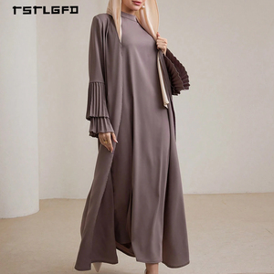 Women Mocha Brown Abaya Double Layer Pleated <b>Flared</b> Cuff Mock Neck Long Sleeve Modest Muslim Casual Elegant Maxi Dress Robe - Product Image 5