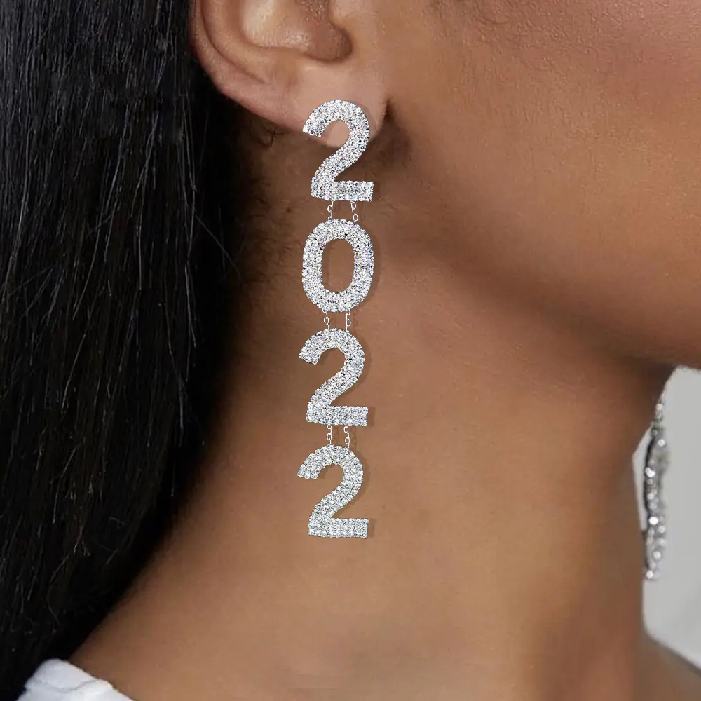 2022 Kepribadian Perhiasan Wanita Menyesuaikan Tahun Digital Anting Pernyataan 18K Perak Disepuh Kristal 2022 Nomor Drop Earring