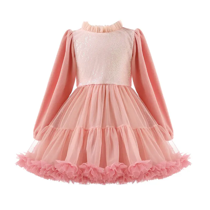 23 YD159 Rosa elegantes Kleid Langarm Tutu Luxus kleid für Mädchen Kinder Prinzessin Party kleider Pailletten Mesh Rock