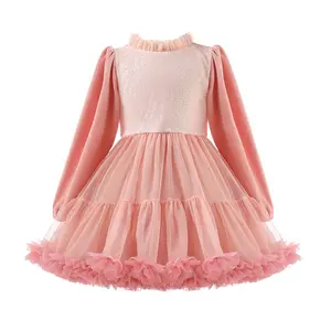 23YD159 Pink Elegant Dress Long Sleeve Tutu Luxury Dress for Girls Kids Princess Party Dresses Sequin Mesh Skirt