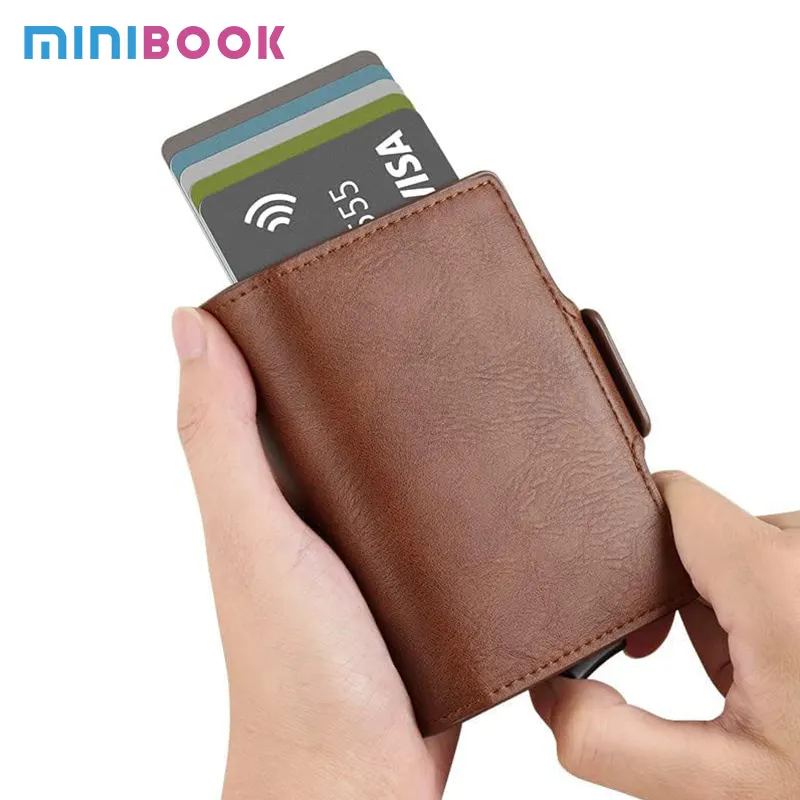 Lüks RFID engelleme pop up çift alüminyum alaşım kart durumda hakiki deri dayanıklı manyetik toka üç kartlıklı cüzdan