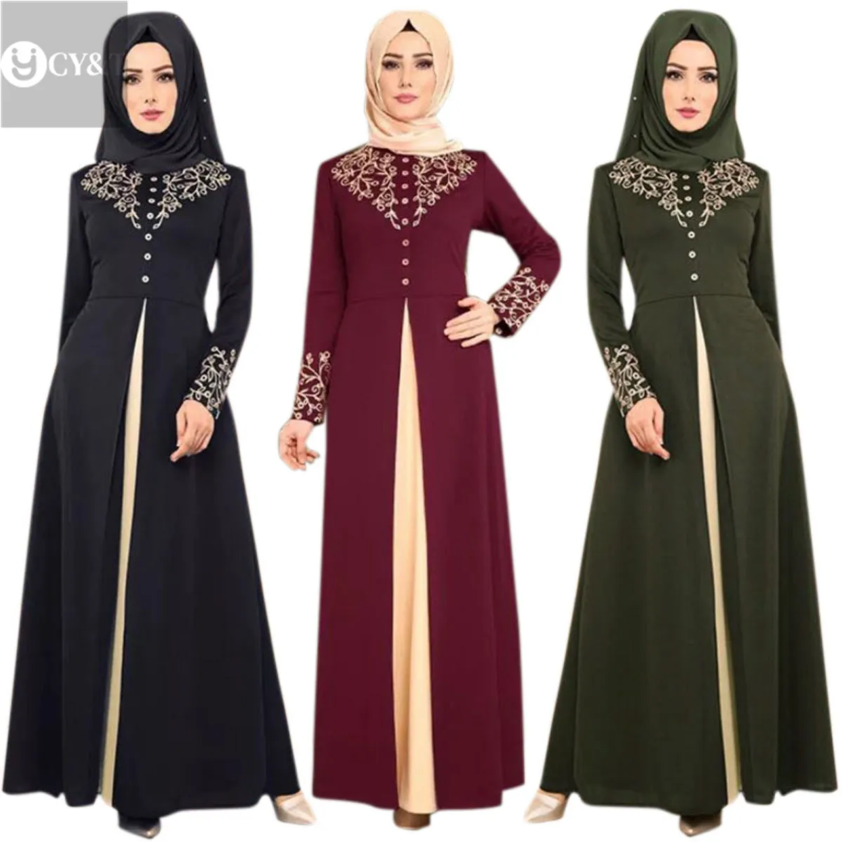 Qualität Großhandel Dubai Plus Size Long Hem Chiffon Blumen Hot Stamp ing Prozess Abaya Frauen Islamic Muslim Kleid Schwarz