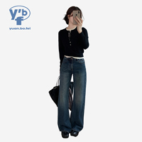 Jeans bleu coupe classique pour femmes, pantalon en denim droit taille haute, indigo foncé, décontracté, broderie, respirant, 100% coton, bureau, rue