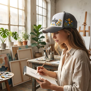 Casquette de baseball esthétique avec broderie florale de marguerites sauvages jaunes et bleues, logo 3D en relief et contraste charbon-blanc - Product Image 5