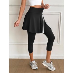 Fisoew Women Skirted Leggings Black With <b>White</b> Stripes Capri Length Athletic <b>Wrap</b> Skirt For Tennis Golf Pickleball - Product Image 4
