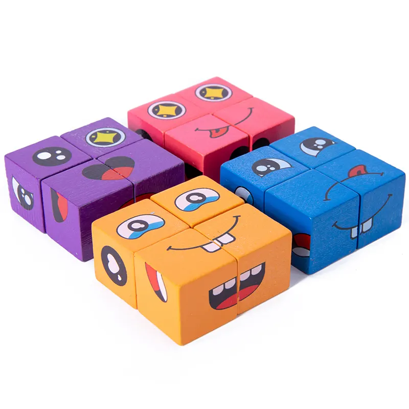 Wooden Expressions Flash Cards Matching Block Educational Games Montessori Children Toy Face-Changing Cube Building Blocks