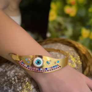 Bracelet tendance en acier inoxydable 316L plaqué or PVD, motif œil porte-bonheur, incrustation de cristaux émaillés multicolores - Product Image 3