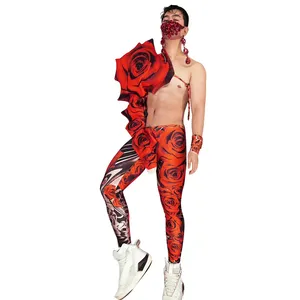 Fashion Red Rose Flower Sleeves + Pants Men Nightclub Party Stage Costumes Festival Clothes Male Pole Dance Performance Wear