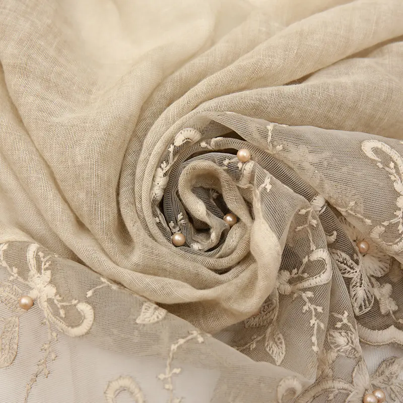 Bufanda monocromática de algodón y lino, pañuelo de punto de encaje bordado con cuentas