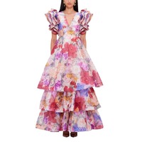 Robe longue élégante à imprimé floral romantique pour femme, avec manches à volants, pour le printemps, l'été et les fêtes en plein air
