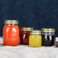 Frasco de Vidrio Transparente con Relieve y Tapa Metálica Dorada de Rosca, Frasco de Boca Ancha de Grado Alimenticio para Mermelada, Miel, Conservas, con Logotipo Personalizado