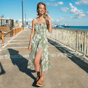 Women's Strapless A-Line Midi Dress Floral Printed Crisscross High Slit Fishbone Design Breathable <b>Spaghetti</b> Strap for Casual - Product Image 2
