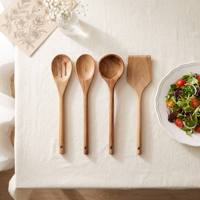 Ensemble de 4 ustensiles de cuisine en bois : spatule, lève-plat, cuillère ajourée, cuillère à pâtes, manche long, résistant à la chaleur, sûr et antiadhésif
