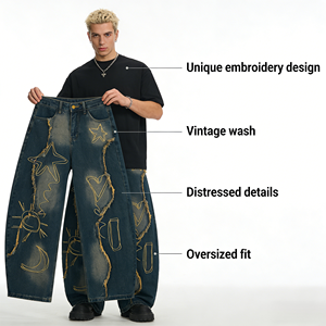 Jean ample en denim délavé foncé pour homme, imprimé étoiles, lune et soleil, style streetwear respirant et lavable - Product Image 3