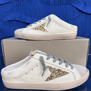 Nouvelle Arrivée 2026 Baskets Mule pour Femme à Paillettes Dorées Motif Étoile, Plateforme Haute, Décontractées, Inspirées des Créateurs, Effet Vieilli, À Enfiler - Product Image 1