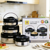 Vente chaude 4 pièces Boîte à lunch isotherme à double paroi en acier inoxydable noir Grande capacité Casserole Contenant de stockage alimentaire