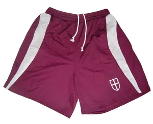 Mens custom 100% polyester coolmax maroon with white mesh panels embroidered sports training shorts