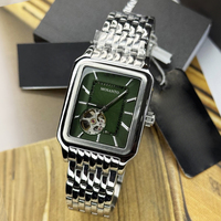 Montre mécanique automatique pour homme, cadran vert carré rétro, bracelet en acier inoxydable argenté, montre-bracelet étanche pour affaires