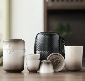 Set Teh Travel Kungfu Keramik dengan Tas Portabel, untuk Hadiah Minum Teh