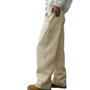 Pantalon de travail en toile beige classique pour homme, coupe ample et jambe large, avec double genouillère, personnalisable avec logo, style streetwear, vente en gros - Product Image 3