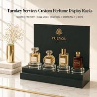Présentoir à parfums pliable vert foncé à deux niveaux en acrylique, support vertical avec 4 socles transparents, logo doré personnalisé, présentoir de comptoir