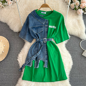 เสื้อยืดเดรสยีนส์แฟชั่นใหม่ คอกลม แต่งสีตัดต่อ สไตล์ลำลองสำหรับผู้หญิง - Product Image 4