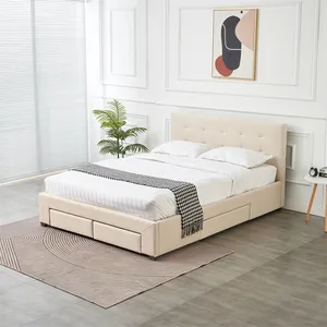 Bedroom Furniture Tufted Design Cream Beige Linen Fabric Up-holstered Bed King Size Double Bed Frame With 4 Storage Drawer