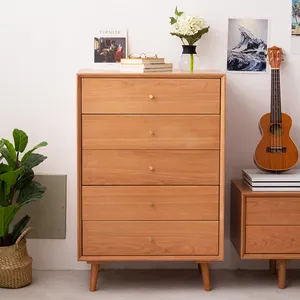 Kayu Ceri Nordic Asli Kayu Padat Kabinet Penyimpanan Furnitur Ruang Tamu 5 Laci Kamar Tidur Kenari Hitam