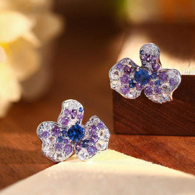 Lab Grown Blue Sapphire Stud Earrings Flower Design Irregular Niche 925 Silver Plated 18K Gold Luxury Versatile Gift Jewelry