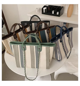Nouveau Sac Seau en Toile Rayé Style Coréen 2026 Grande Capacité avec Chaîne, Deux Bretelles et Fermeture Éclair pour l'École et les Femmes - Product Image 6