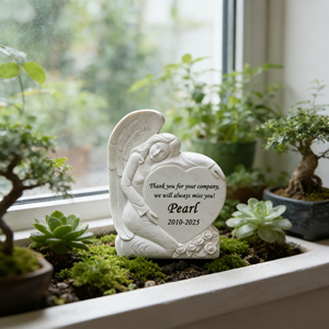 Escultura Memorial Personalizada, Anjo Dormindo de Resina Branca com Asas em Base de Coração, Lembrança Artesanal, Presente de Condolências Personalizado - Product Image 4