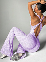 Combinaison de sport sexy pour femme, motif léopard, dos croisé, pour Pilates, gym, fitness et yoga, avec pantalon évasé à effet froncé aux fesses