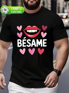 Bsame Red Lips <b>Heart</b> Pattern T-Shirt Large Size Men's Casual Short Sleeve Round Neck <b>Printed</b> Cotton Jersey <b>Top</b> - Product Image 3