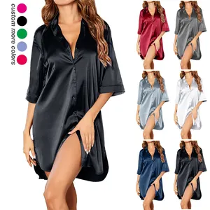 Ladies Solid Color Pajama Loungewear Shirt Dress Sexy Nighties Silk Satin Nightgowns Short Pajamas For Women