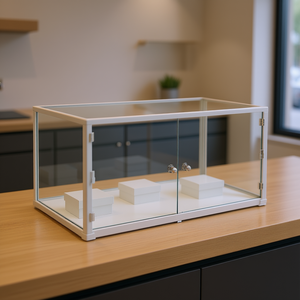 Vitrina Moderna de Mostrador 159x78x27 cm, Marco de Aluminio Blanco, Vidrio Templado, Puertas con Bisagras y Cerradura - Product Image 3