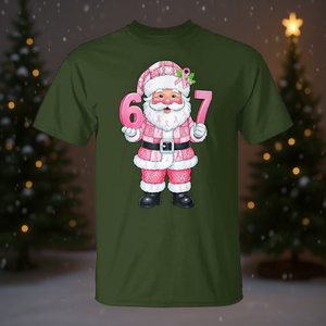 Camiseta rosa con estampado de patchwork de Papá Noel para concienciación sobre el cáncer de mama, Navidad 67 - Product Image 3