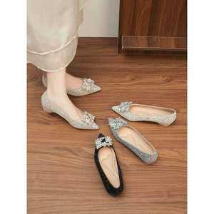Elegant Pointed Toe Heeled Sandals with Crystal Decoration Mid Heel Internal Lift <b>Height</b> <b>Increasing</b> Bride's Wedding <b>Shoes</b> - Product Image 2