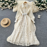 Robe longue élégante pour femmes WIWT, en dentelle verte, patchwork, coupe évasée, broderie perlée, manches longues, ceinture, robe de soirée décontractée pour femmes