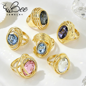Bijoux en cristal surdimensionnés exquis, bagues de cocktail en or 14 carats de style italien pour femmes européennes, esthétique baroque - Product Image 1